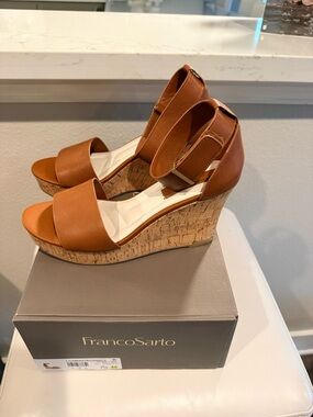 Franco Sarto Cognac Leather Wedge Sandals with Cork Platform
